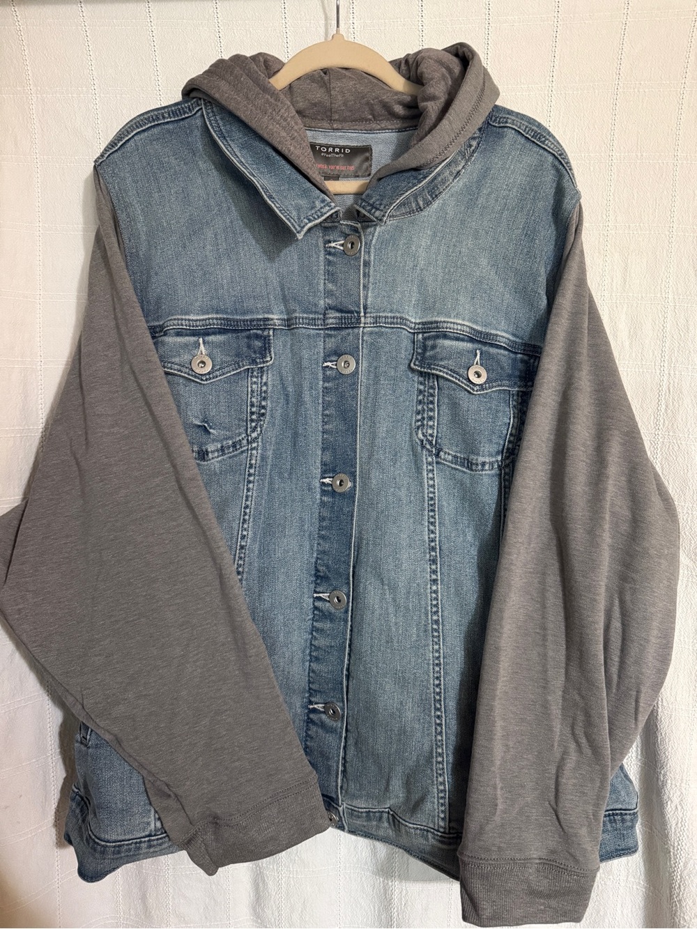 torrid Light Blue Denim Jacket with Gray Hoodie Sleeves